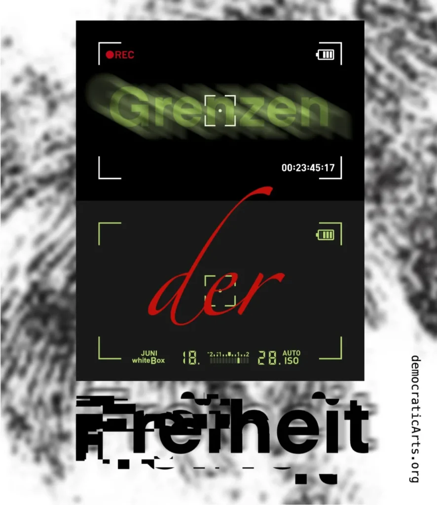 Graphik der Einladungskarte zur Kunst-Ausstellung »Grenzen der Freiheit« in der whiteBOX (Werksviertel-Mitte München)