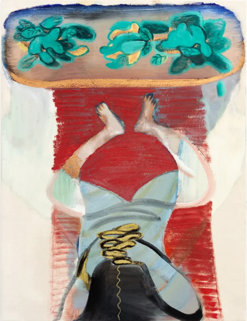 Malerei von Youjin Yi „Snack Time“, Öl und Ölpastell auf Leinwand (105 x 80 cm, 2021)